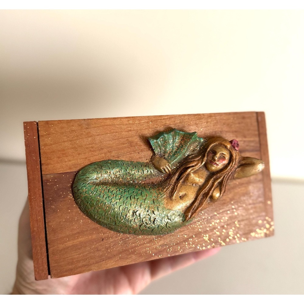 Handmade Wooden Mermaid Trinket Box | Glitter Coastal Decor